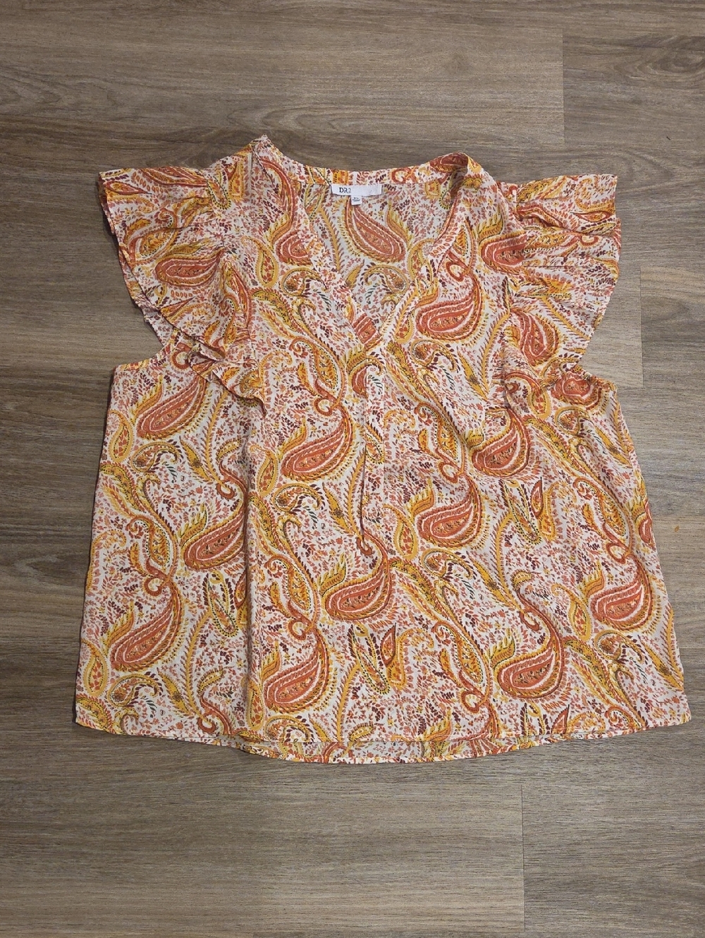 BDG Orange Paisley Flutter Sleeve V-Neck Top